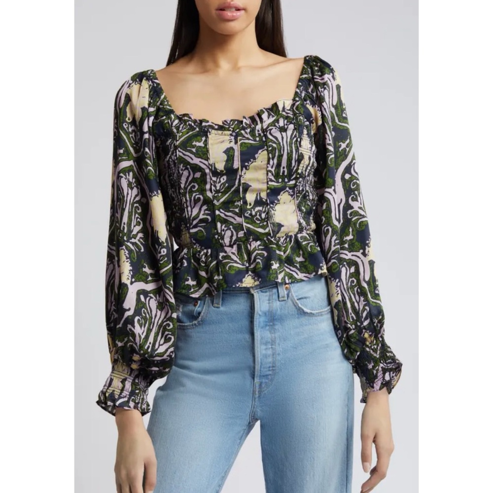 Cleobella Dakota Smocked Ruffle Peplum Long Sleeve Top Size Large
